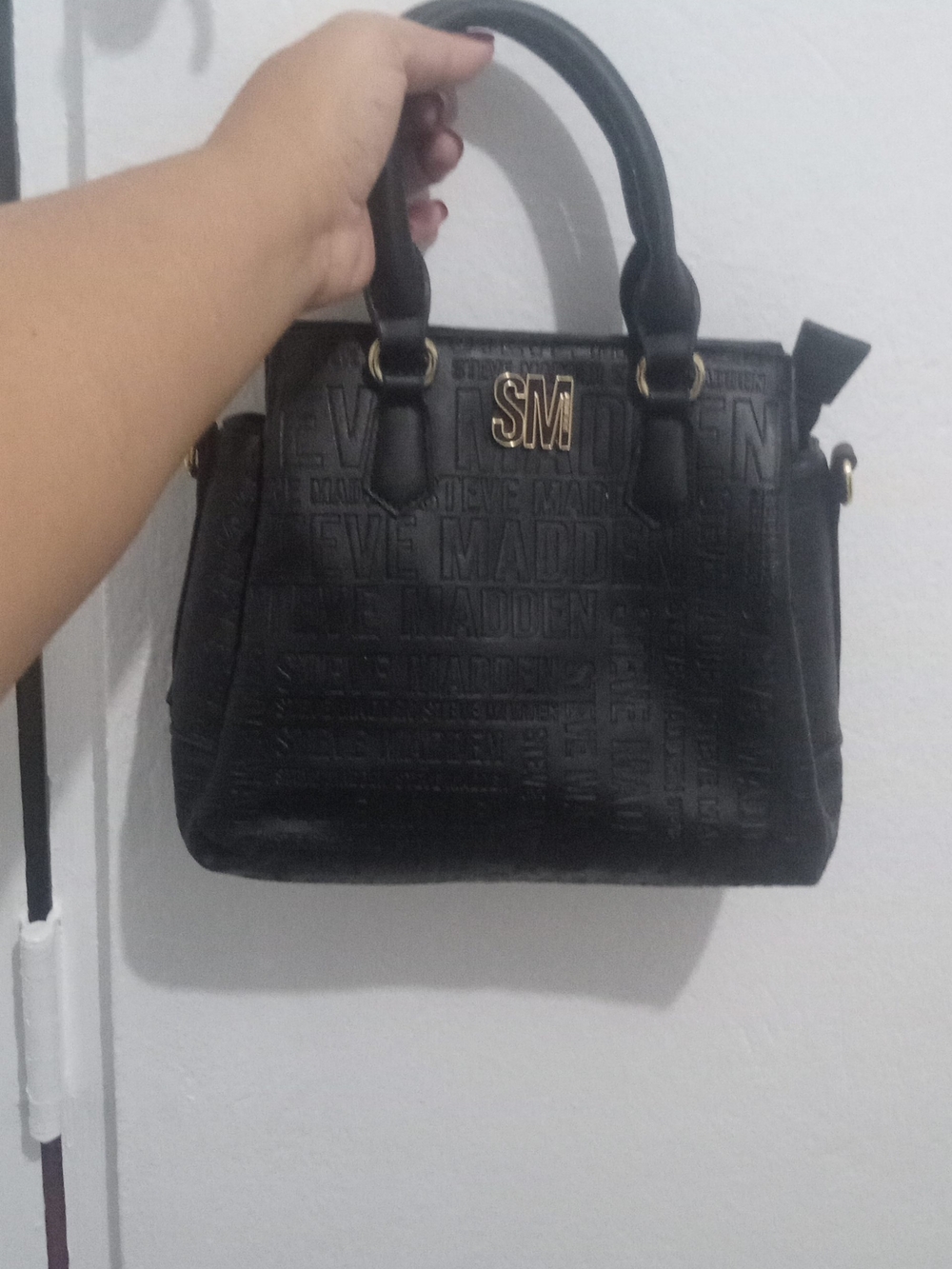 Steve Madden Black Embossed Satchel with Gold SM Emblem